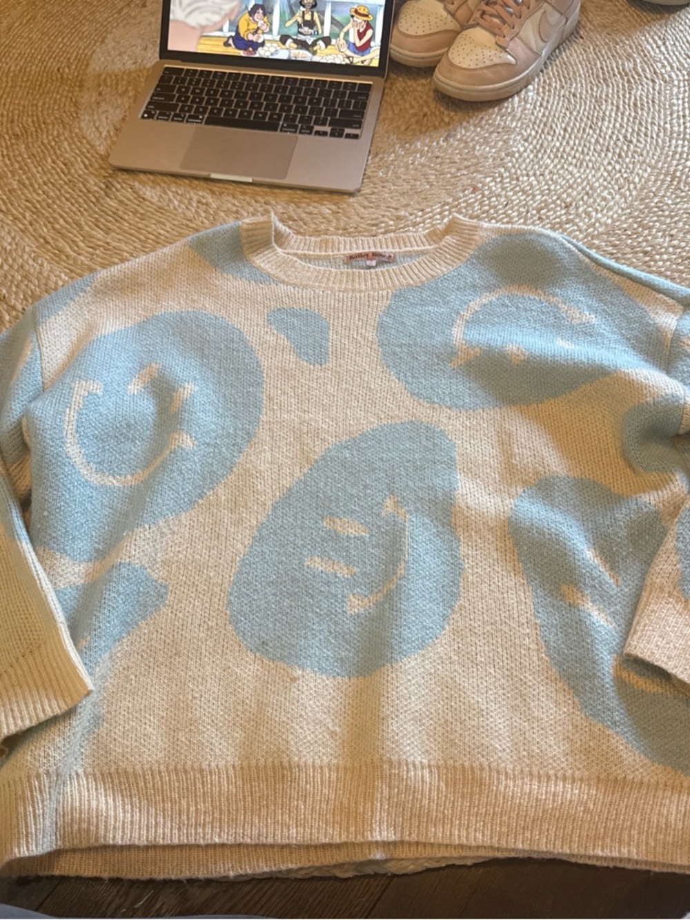Casual Cream & Light Blue Smiley Knit Sweater